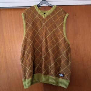 Men's Ragged Priest Grunge V-Neck Argyle Sweater Vest Brown Green Skate